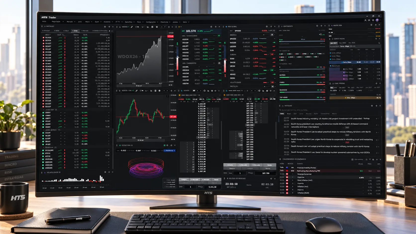 Estação de trading da HTS com gráficos, dois UltraDOM com a escada de preços, notícias e calendário econômico no monitor